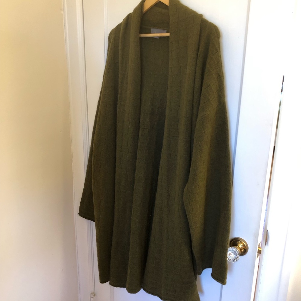 Anthropologie Textured Cardigan Green Olive Moss oversized checkered